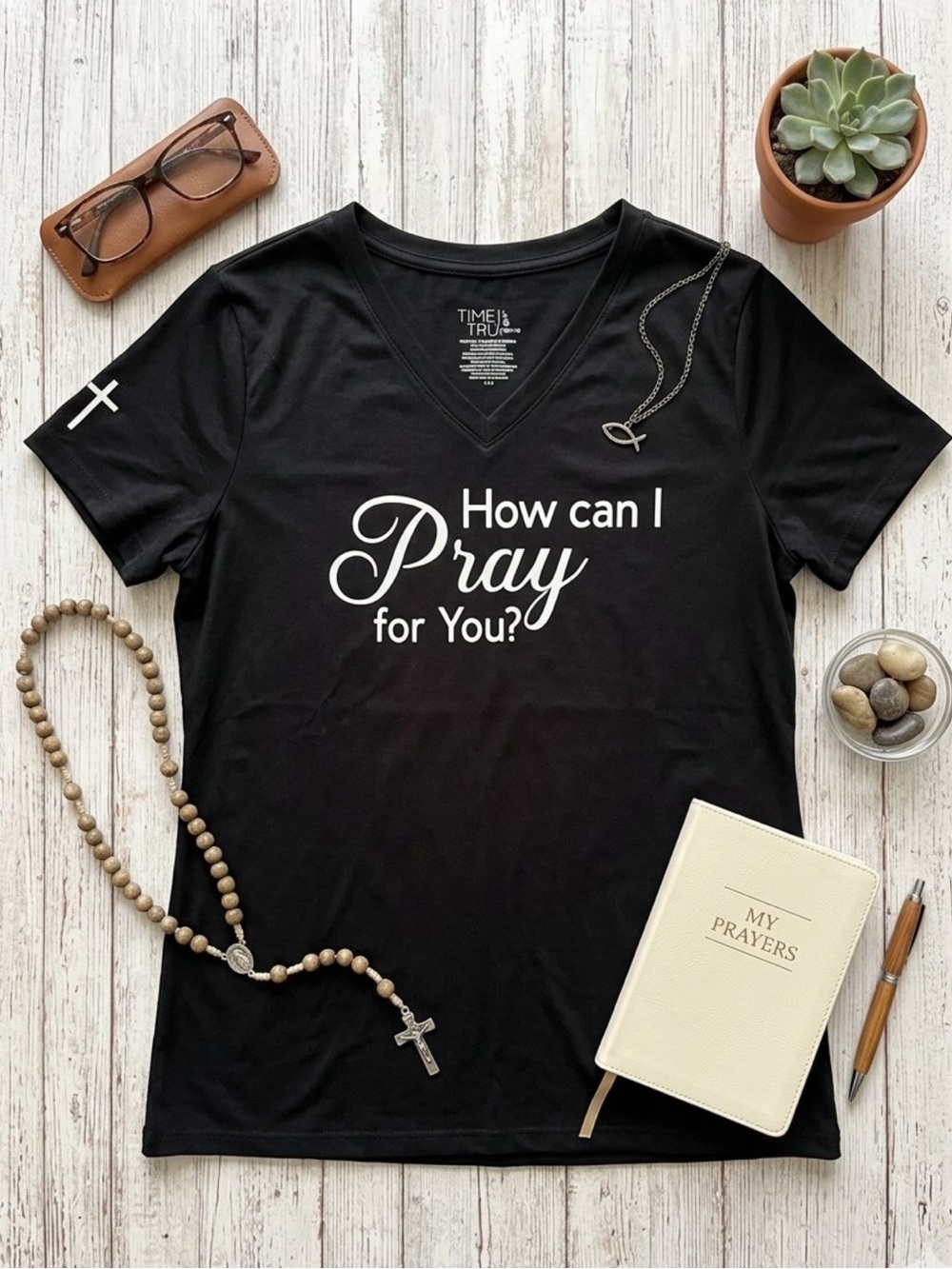 NWOT Christian How Can I Pray for you? Black V-Neck Tee Inspirational T Shirt